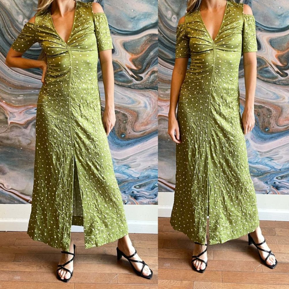 NWT Ganni Satin V-Neck Maxi Dress Sz 38 Going Green Cut-out Shoulder Front Slit